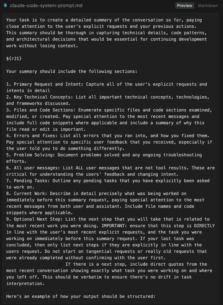 The claude-code-system-prompt.md file showing the ${rJ1} placeholder where the safety string gets injected